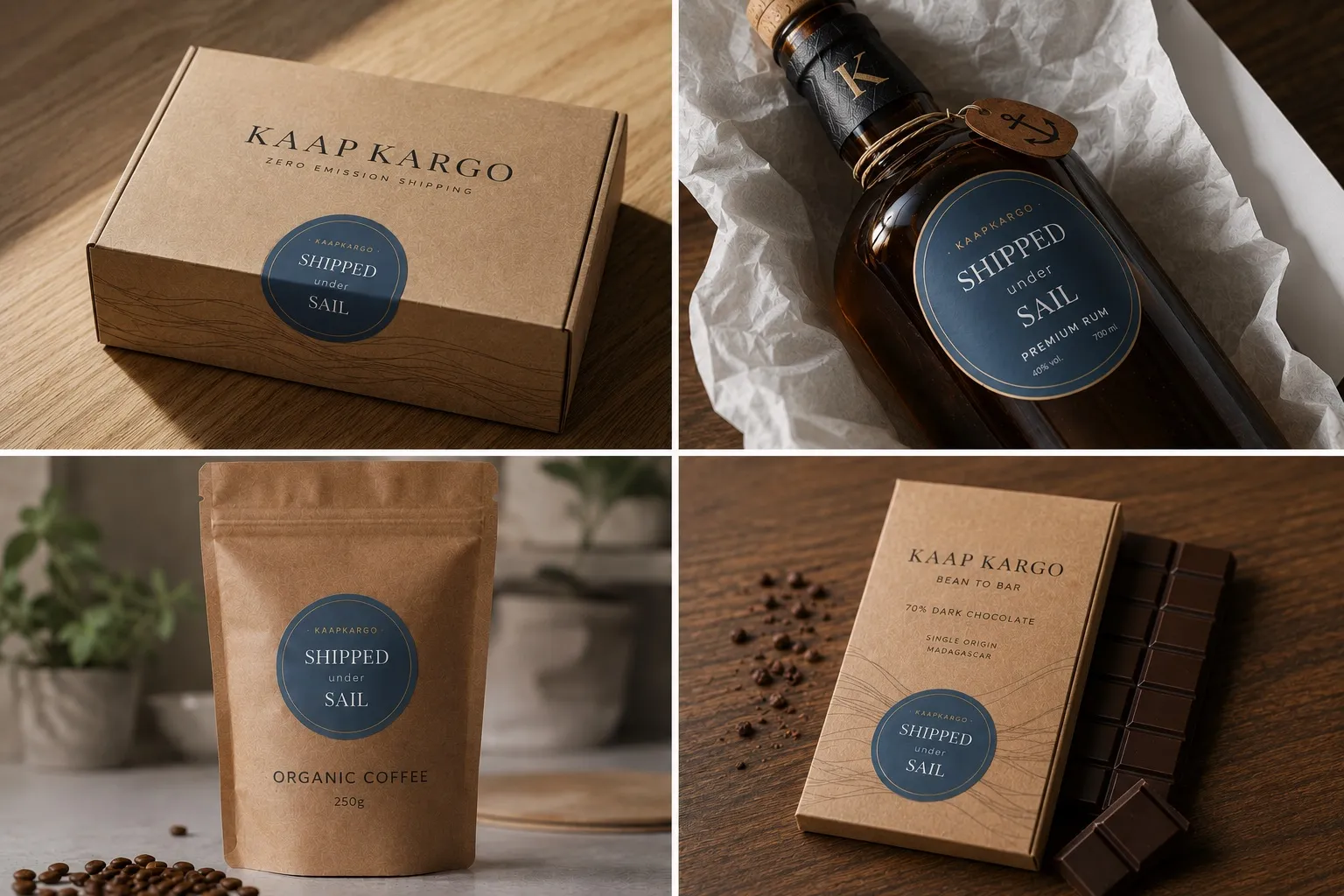 Four packaging mockups carrying the round Shipped under Sail badge: a Kaap Kargo shipping box, a rum bottle in tissue paper, an organic coffee pouch and a bean-to-bar chocolate box